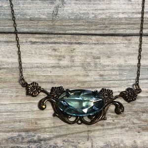 Vintage Blue Pendant Necklace 16" Chain Floral Acrylic Spring Clasp